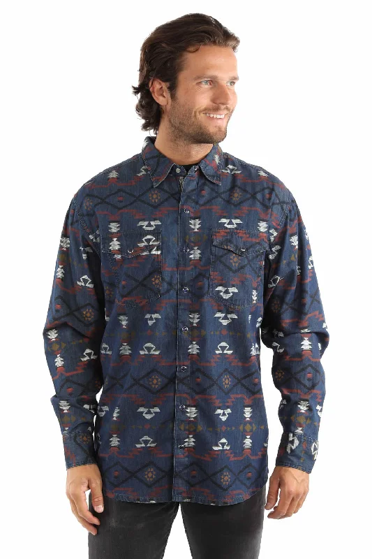 Men's Shearling - Lined Collar Casual Shirts in Brown for a Rustic and Warm AppealScully Mens Southwest Aztec Blue 100% Cotton L/S Shirt