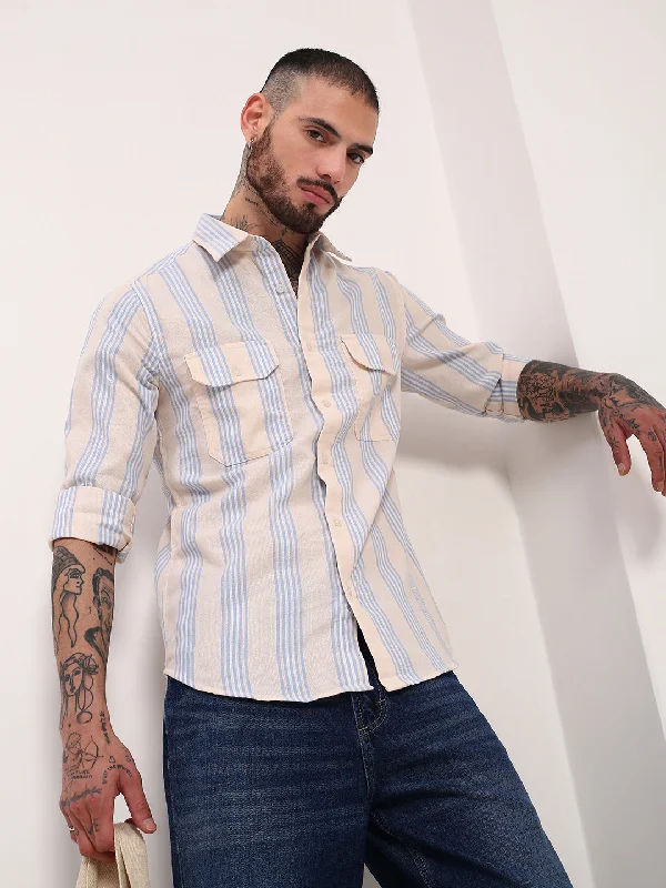 Men's Embroidered Detail Casual Shirts in Beige for a Touch of EleganceMen Cream Striped Slim Fit Shirt Men's Embroidered Detail Casual Shirts in Beige for a Touch of EleganceMen Cream Striped Slim Fit Shirt