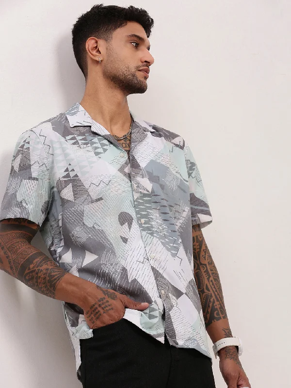 Plus Size Men's Plaid Flannel Casual Shirts in Earth Tones for a Cozy Fall OutfitMen Grey Abstract Cuban Collar Shirt Plus Size Men's Plaid Flannel Casual Shirts in Earth Tones for a Cozy Fall OutfitMen Grey Abstract Cuban Collar Shirt
