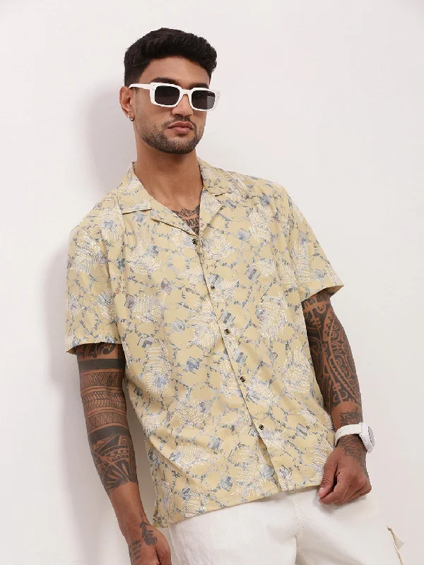 Men's Slim - Fit Printed Floral Casual Shirts in Pastel Colors for a Spring - Inspired VibeMen Yellow Abstract Cuban Collar Shirt