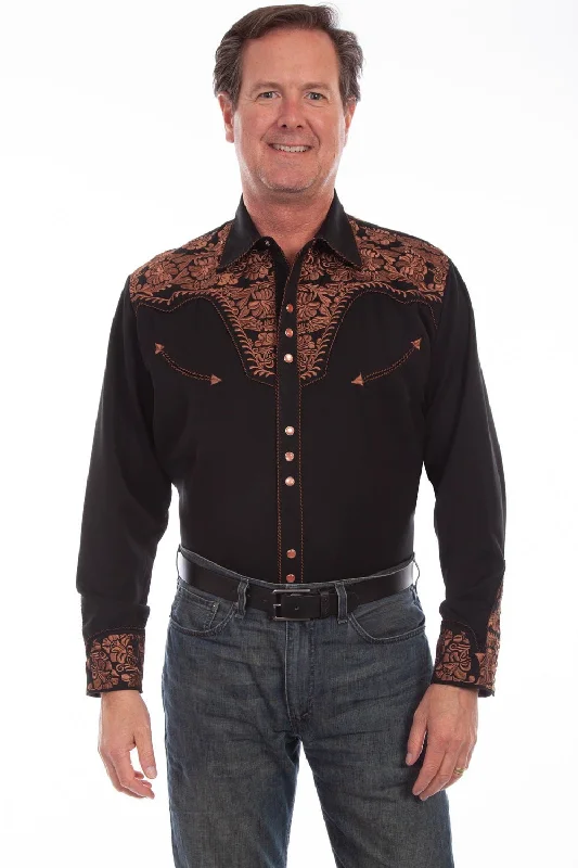 Men's Long - Line Oversized Casual Shirts in Dark Gray for a Relaxed and Modern LookScully Mens Black Poly/Rayon Tooled Floral L/S Shirt Men's Long - Line Oversized Casual Shirts in Dark Gray for a Relaxed and Modern LookScully Mens Black Poly/Rayon Tooled Floral L/S Shirt