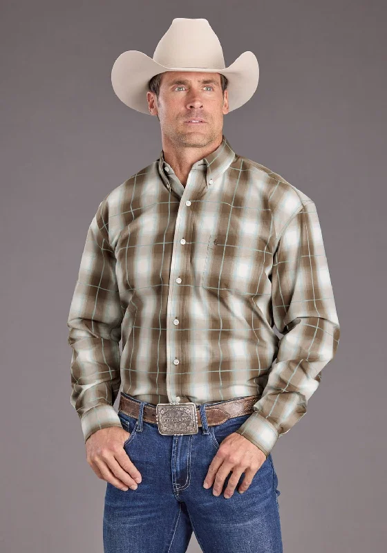 Plus Size Men's Striped Chambray Casual Shirts with a Spread Collar for a Preppy AppearanceStetson Mens Sandy Ombre Plaid Brown 100% Cotton 1 Pkt L/S Shirt
