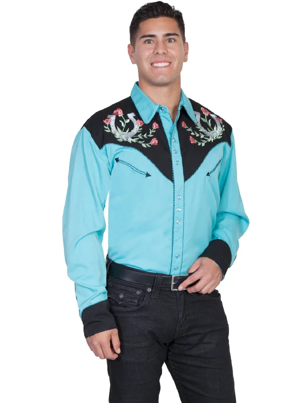 Men's Graphic - Printed Casual Shirts with Pop - Culture References for a Fun and Stylish LookScully Western Mens Turquoise Polyester L/S Big Horseshoe Western Shirt