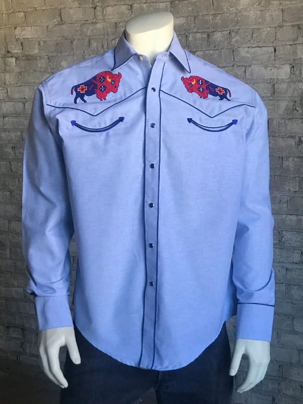 Men's Two - Tone Contrast Panel Casual Shirts in White and Navy for a Stylish and Eye - Catching DesignRockmount Mens Chambray 100% Cotton American Bison Western L/S Shirt Men's Two - Tone Contrast Panel Casual Shirts in White and Navy for a Stylish and Eye - Catching DesignRockmount Mens Chambray 100% Cotton American Bison Western L/S Shirt