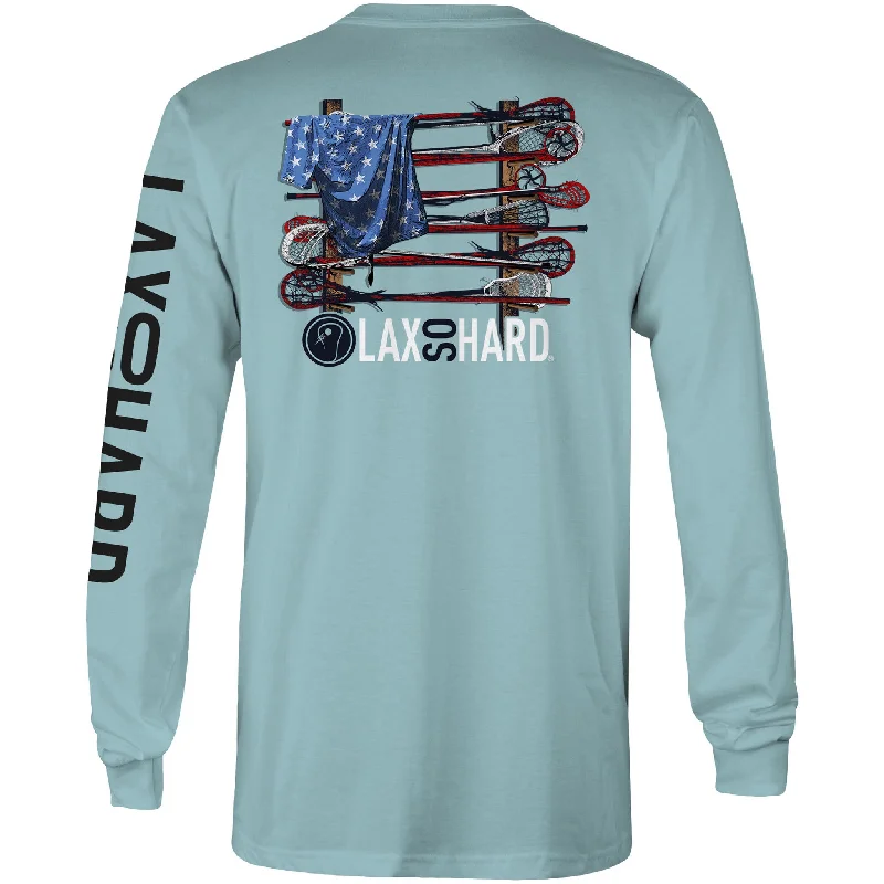 Men's Distressed Denim Casual Shirts with Frayed Edges for a Trendy and Rugged LookMens Lacrosse Stick American Flag Long Sleeve T-Shirt - Cool Mint