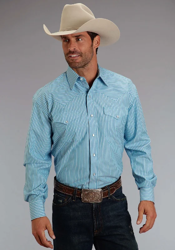 Men's Distressed Denim Casual Shirts with Frayed Edges for a Trendy and Rugged LookStetson Mens Candy Stripe Turquoise 100% Cotton L/S Shirt