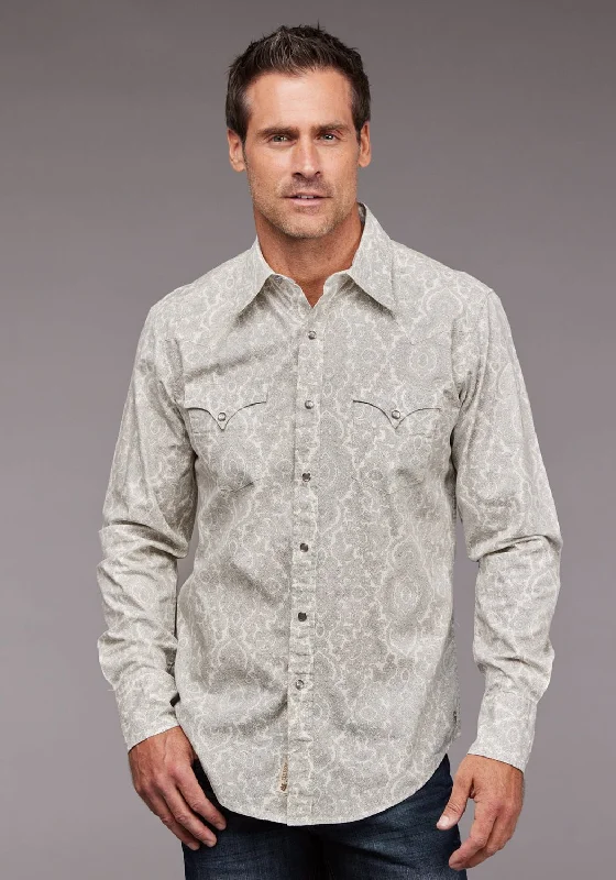 Men's Sustainable Recycled Material Casual Shirts for Eco - Conscious ConsumersStetson Mens Silver Filagree Grey 100% Cotton L/S Shirt