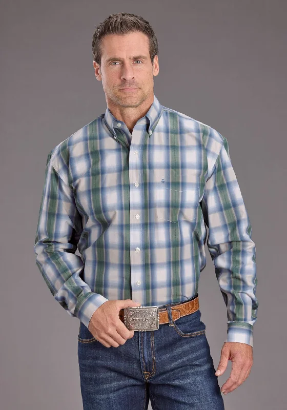 Men's Shearling - Lined Collar Casual Shirts in Brown for a Rustic and Warm AppealStetson Mens Moss Dobby Plaid Blue 100% Cotton 1 Pkt L/S Shirt