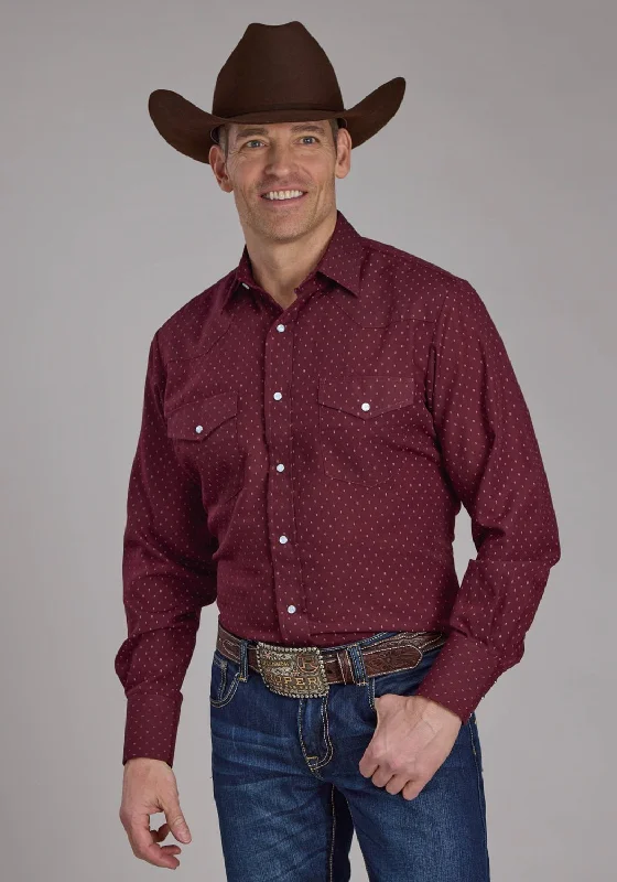 Men's Moisture - Wicking Performance Fabric Casual Shirts for Outdoor ActivitiesRoper Mens 2287 Dot Print Wine Cotton Blend L/S Shirt