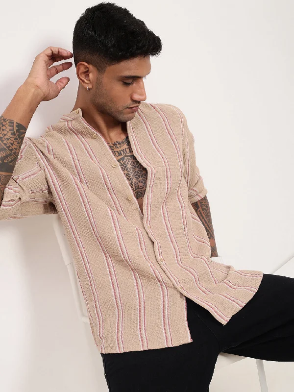 Men's Organic Cotton Casual Shirts with a Soft Handfeel for Everyday ComfortMen Beige Striped Slim Fit Shirt Men's Organic Cotton Casual Shirts with a Soft Handfeel for Everyday ComfortMen Beige Striped Slim Fit Shirt