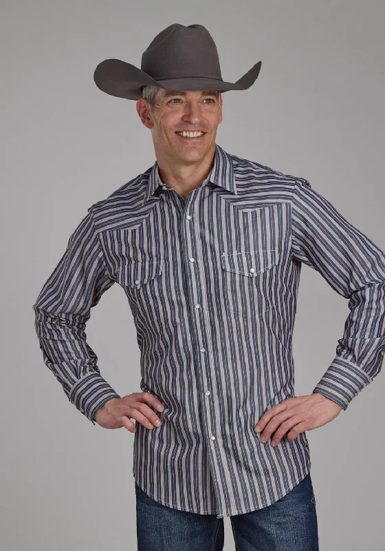 Men's Stretch - Fabric Casual Shirts in Navy Blue for a Comfortable and Flexible FitRoper Mens 2113 Stripe Dark Charcoal Grey Poly/Cotton L/S Shirt Men's Stretch - Fabric Casual Shirts in Navy Blue for a Comfortable and Flexible FitRoper Mens 2113 Stripe Dark Charcoal Grey Poly/Cotton L/S Shirt