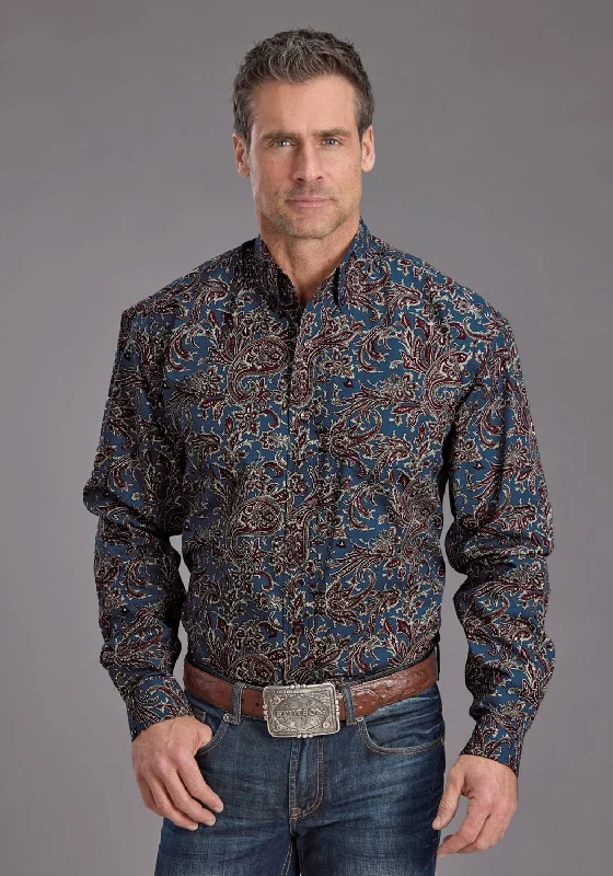 Men's Wrinkle - Resistant Polyester Blend Casual Shirts for Easy Travel and MaintenanceStetson Mens 2230 Vintage Paisley Blue 100% Cotton 1 Pkt L/S Shirt