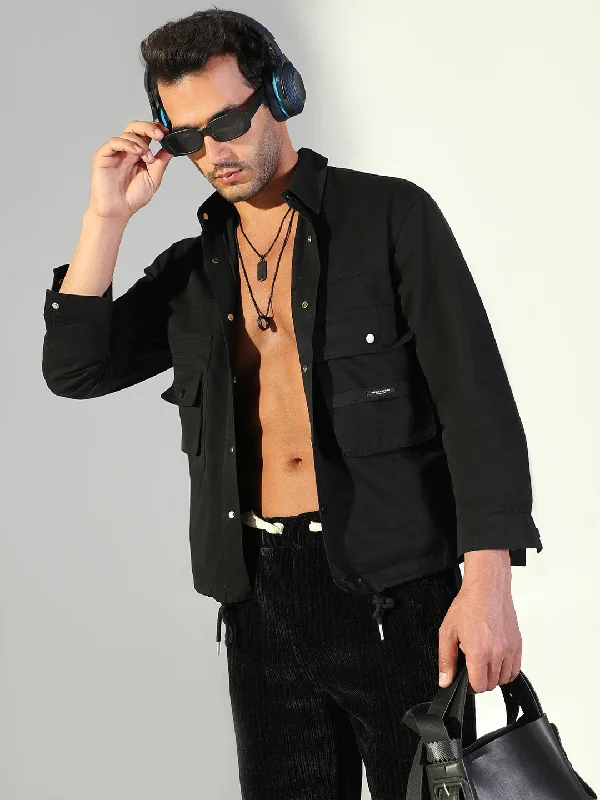 Men's Distressed Denim Casual Shirts with Frayed Edges for a Trendy and Rugged LookMen Solid Black Shacket Men's Distressed Denim Casual Shirts with Frayed Edges for a Trendy and Rugged LookMen Solid Black Shacket