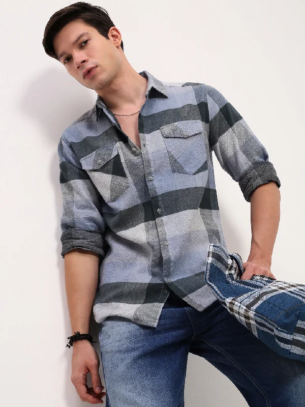 Men's Linen Blend Casual Shirts with Roll - Up Sleeves for a Summer Beach LookMen Grey Checked Slim Fit Shirt Men's Linen Blend Casual Shirts with Roll - Up Sleeves for a Summer Beach LookMen Grey Checked Slim Fit Shirt
