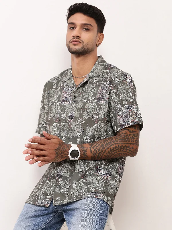 Men's Embroidered Detail Casual Shirts in Beige for a Touch of EleganceMen Green Graphic Cuban Collar Shirt Men's Embroidered Detail Casual Shirts in Beige for a Touch of EleganceMen Green Graphic Cuban Collar Shirt