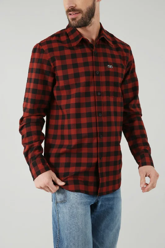 Plus Size Men's Striped Chambray Casual Shirts with a Spread Collar for a Preppy AppearanceKimes Ranch Mens Garrison Dark Red Cotton Blend L/S Shirt