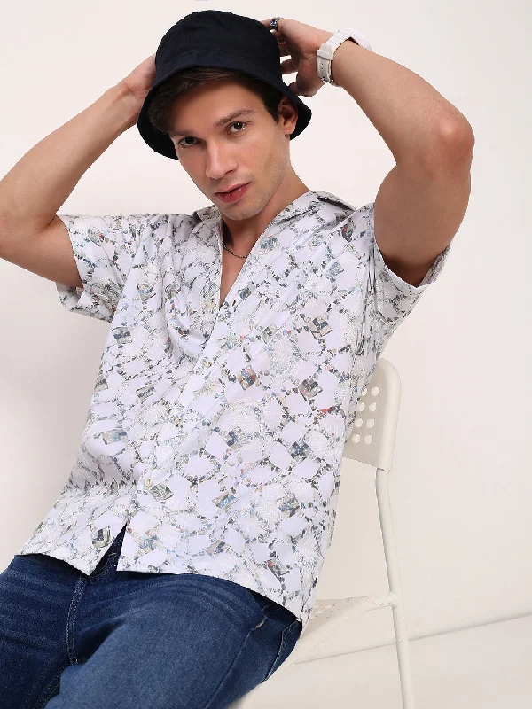 Men's Button - Down Oxford Casual Shirts in Crisp White for a Classic and Versatile StyleMen White Abstract Cuban Collar Shirt Men's Button - Down Oxford Casual Shirts in Crisp White for a Classic and Versatile StyleMen White Abstract Cuban Collar Shirt