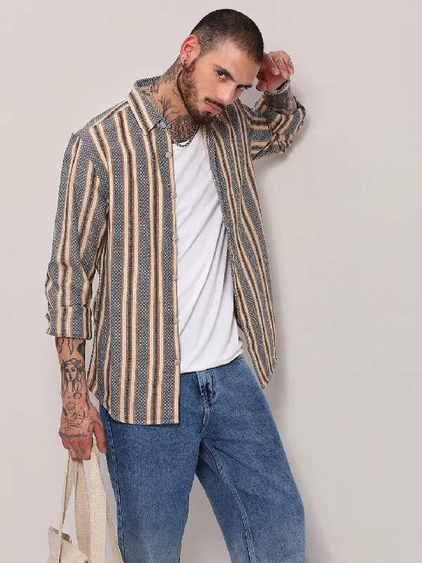 Men's Wrinkle - Resistant Polyester Blend Casual Shirts for Easy Travel and MaintenanceMen Beige Striped Slim Fit Shacket