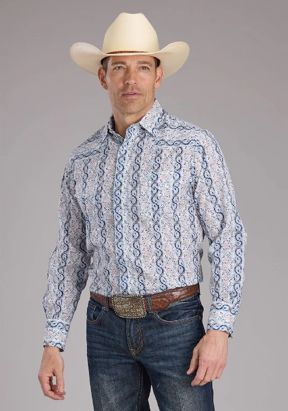 Men's Stretch - Fabric Casual Shirts in Navy Blue for a Comfortable and Flexible FitRoper Mens 2429 Paisley Trellis Blue Cotton Blend L/S Shirt