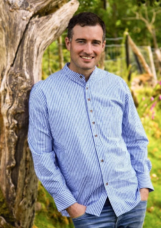 Men's Distressed Denim Casual Shirts with Frayed Edges for a Trendy and Rugged LookVintage Cotton Grandfather Shirt | Blue Stripe