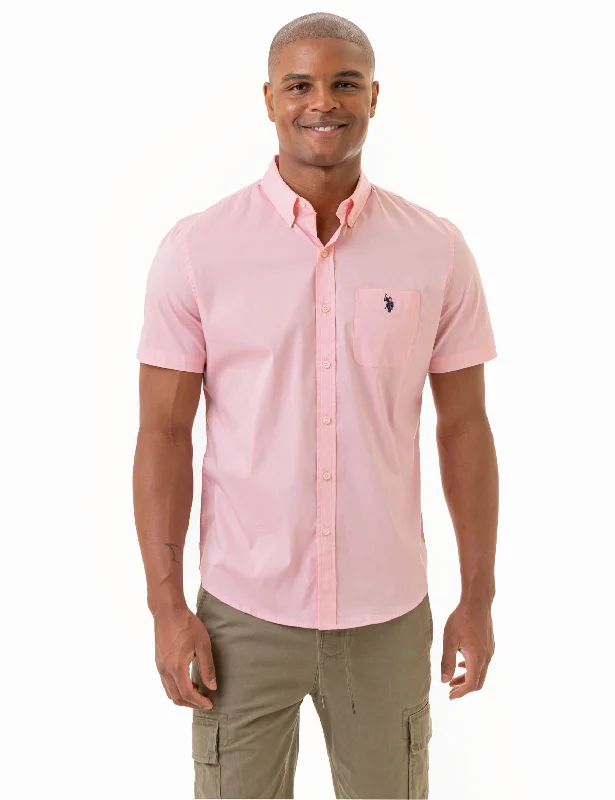 Plus Size Men's Striped Chambray Casual Shirts with a Spread Collar for a Preppy AppearanceSHORT SLEEVE STRETCH POPLIN SHIRT Plus Size Men's Striped Chambray Casual Shirts with a Spread Collar for a Preppy AppearanceSHORT SLEEVE STRETCH POPLIN SHIRT