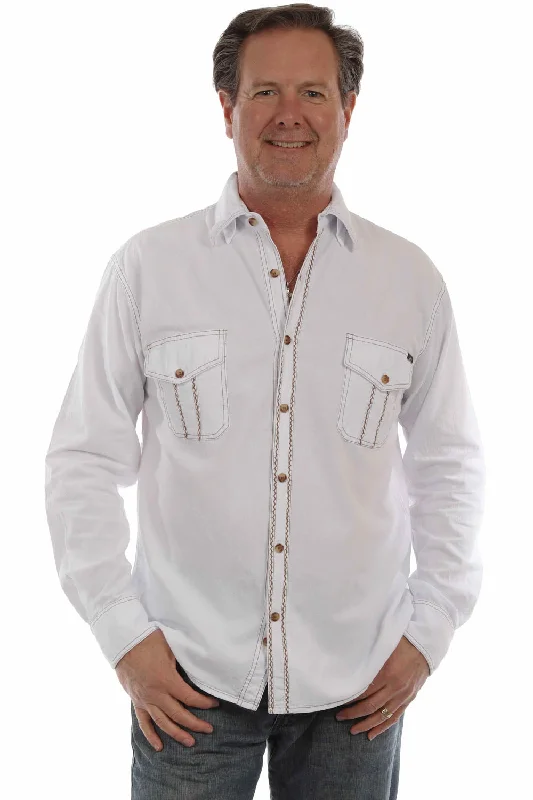 Men's Two - Tone Contrast Panel Casual Shirts in White and Navy for a Stylish and Eye - Catching DesignScully Mens Western Contrast Stitching White 100% Cotton L/S Shirt