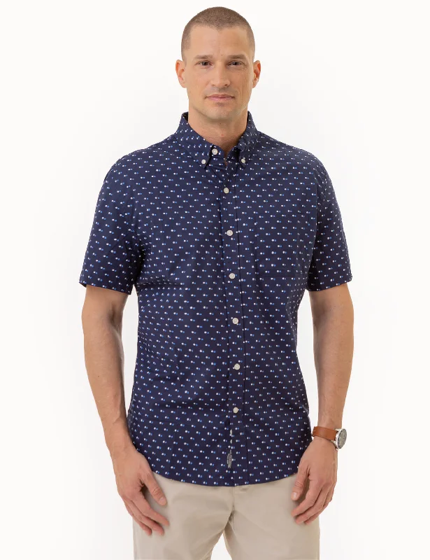 Men's Two - Tone Contrast Panel Casual Shirts in White and Navy for a Stylish and Eye - Catching DesignALL OVER DOUBLE DOT PRINT SHORT SLEEVE SHIRT