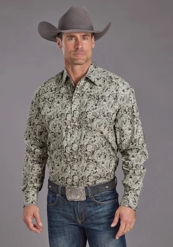 Plus Size Men's Plaid Flannel Casual Shirts in Earth Tones for a Cozy Fall OutfitStetson Mens 2235 Silver Paisley Grey 100% Cotton L/S Shirt