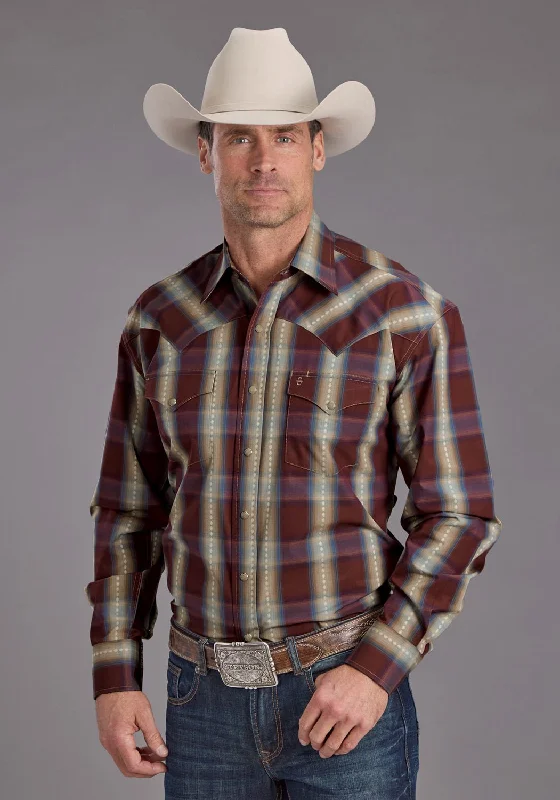 Men's Organic Cotton Casual Shirts with a Soft Handfeel for Everyday ComfortStetson Mens Red Rock Dobby Plaid Wine 100% Cotton L/S Shirt