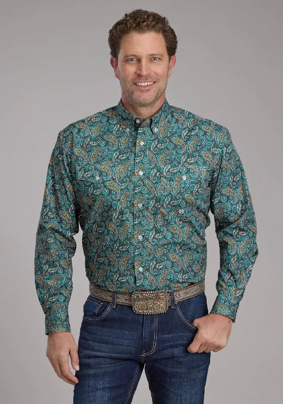 Men's Short - Sleeve Linen Casual Shirts in Light Khaki for a Breathable Summer OptionRoper Mens 2382 Dusk Paisley Turquoise 100% Cotton Btn L/S Shirt
