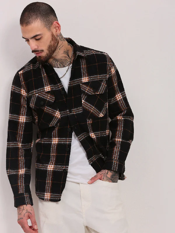 Men's Shearling - Lined Collar Casual Shirts in Brown for a Rustic and Warm AppealMen Black Checked Shacket