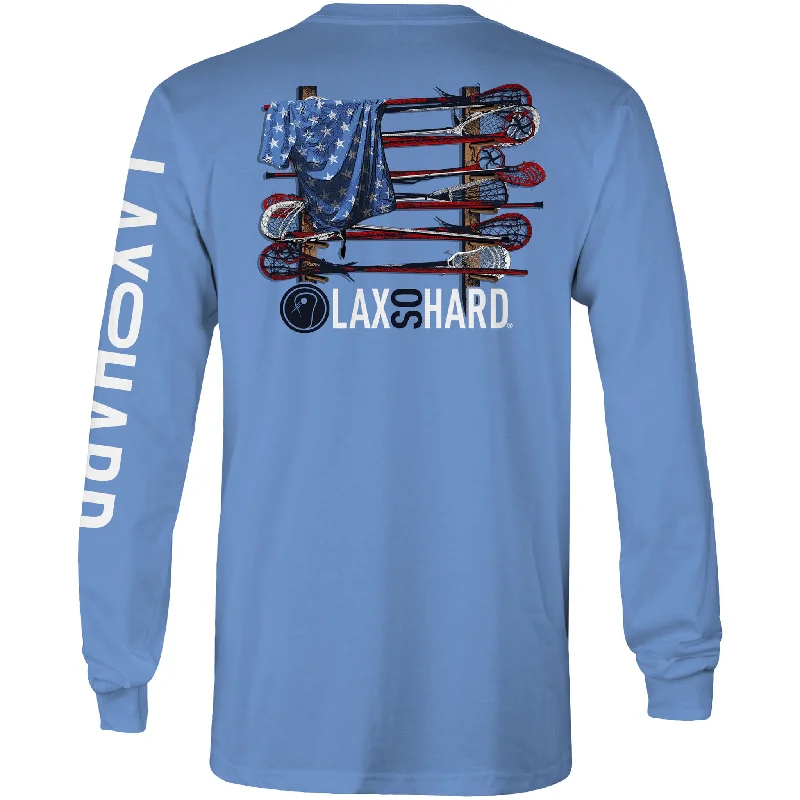 Men's Graphic - Printed Casual Shirts with Pop - Culture References for a Fun and Stylish LookMens Lacrosse Stick American Flag Long Sleeve T-Shirt - Blue