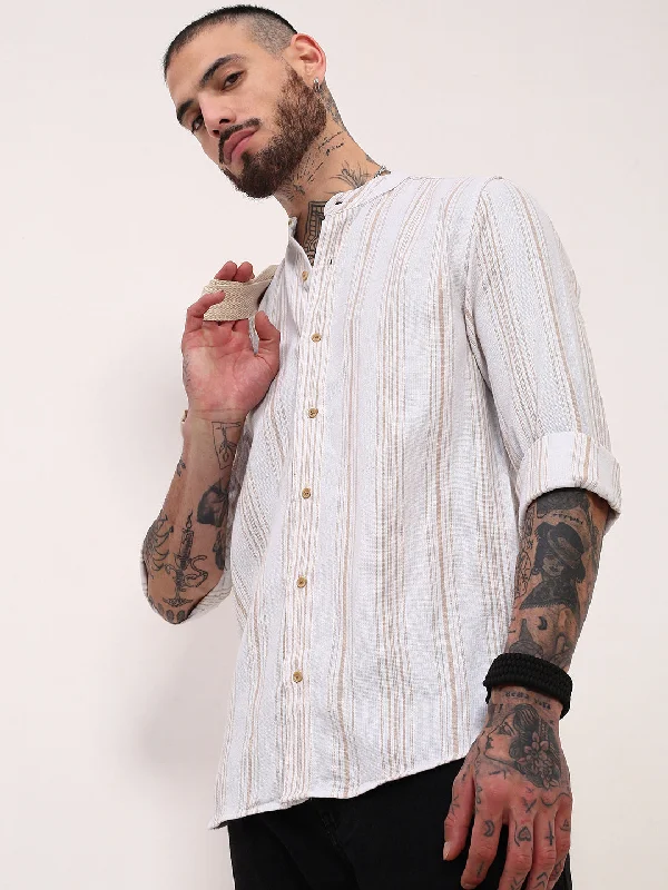 Men's Linen Blend Casual Shirts with Roll - Up Sleeves for a Summer Beach LookMen White Striped Slim Fit Shirt Men's Linen Blend Casual Shirts with Roll - Up Sleeves for a Summer Beach LookMen White Striped Slim Fit Shirt