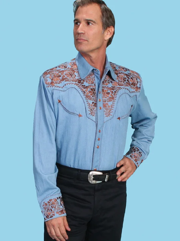 Men's Organic Cotton Casual Shirts with a Soft Handfeel for Everyday ComfortScully Mens Floral Tooled Embroidery Light Blue Poly/Rayon L/S Shirt 3X
