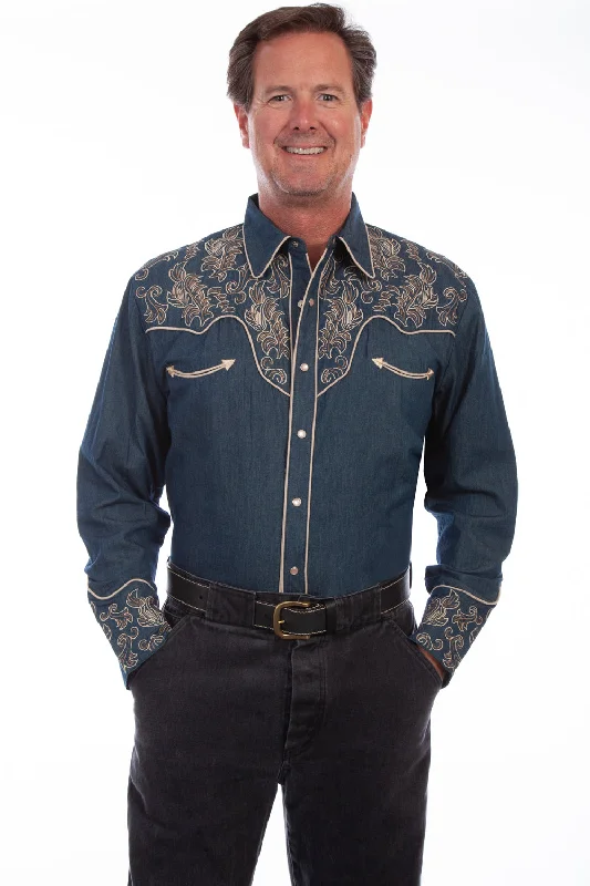 Men's Moisture - Wicking Performance Fabric Casual Shirts for Outdoor ActivitiesScully Mens Denim 100% Cotton Leafy Scroll L/S Shirt L