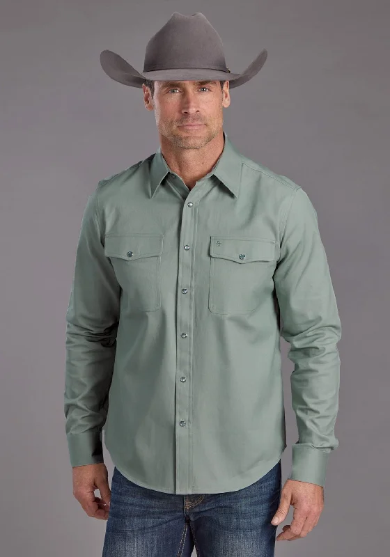 Men's Stretch - Fabric Casual Shirts in Navy Blue for a Comfortable and Flexible FitStetson Mens Silver Sage Brushed Twill Green 100% Cotton L/S Shirt