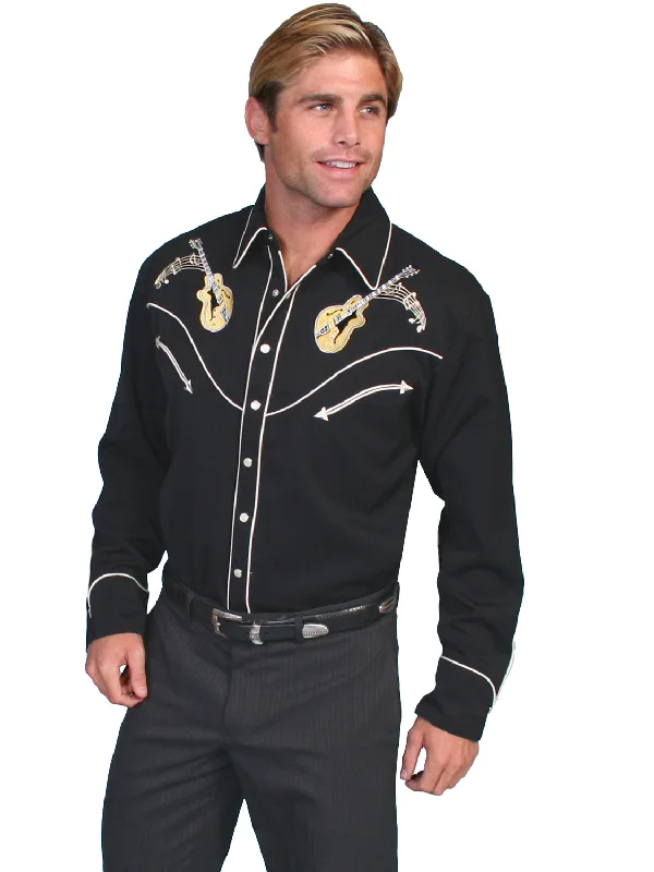Men's Thermal - Lined Casual Shirts in Black for Added Warmth in Cold WeatherScully Mens Shirt Western Black Poly Blend Rock 'n Roll Stitch L/S XXL