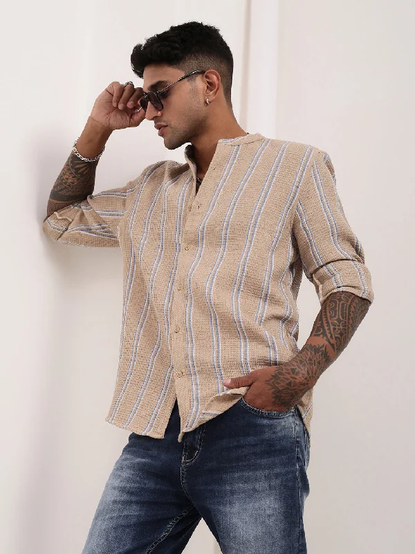 Men's Moisture - Wicking Performance Fabric Casual Shirts for Outdoor ActivitiesMen Beige Striped Slim Fit Shirt Men's Moisture - Wicking Performance Fabric Casual Shirts for Outdoor ActivitiesMen Beige Striped Slim Fit Shirt