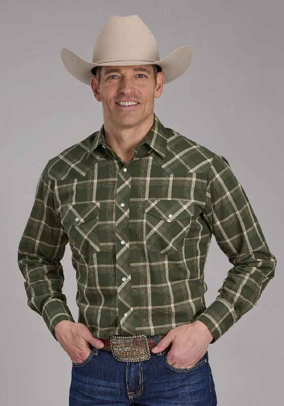 Men's Stretch - Fabric Casual Shirts in Navy Blue for a Comfortable and Flexible FitRoper Mens 2127 Plaid Olive/Orange Cotton Blend L/S Shirt