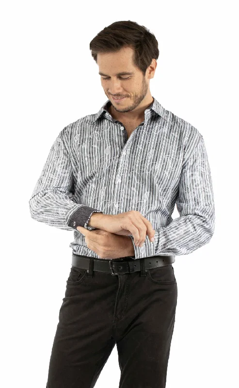 Men's Retro - Style Hawaiian Print Casual Shirts in Bold Patterns for a Tropical VacationScully Mens Paisley Jacquard Charcoal 100% Cotton L/S Shirt