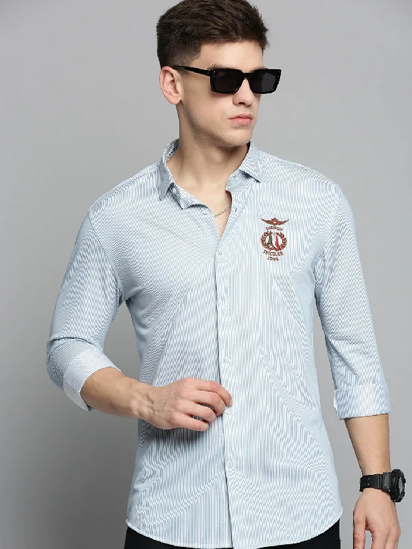 Men's Retro - Style Hawaiian Print Casual Shirts in Bold Patterns for a Tropical VacationMen Blue Striped Casual Shirt Men's Retro - Style Hawaiian Print Casual Shirts in Bold Patterns for a Tropical VacationMen Blue Striped Casual Shirt