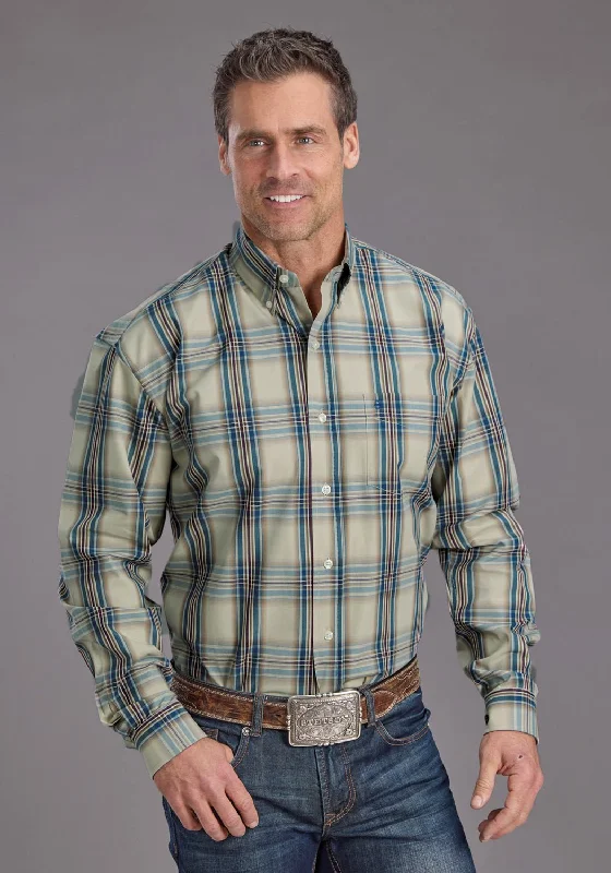 Men's Thermal - Lined Casual Shirts in Black for Added Warmth in Cold WeatherStetson Mens Vintage Indigo Plaid Blue 100% Cotton 1 Pkt L/S Shirt