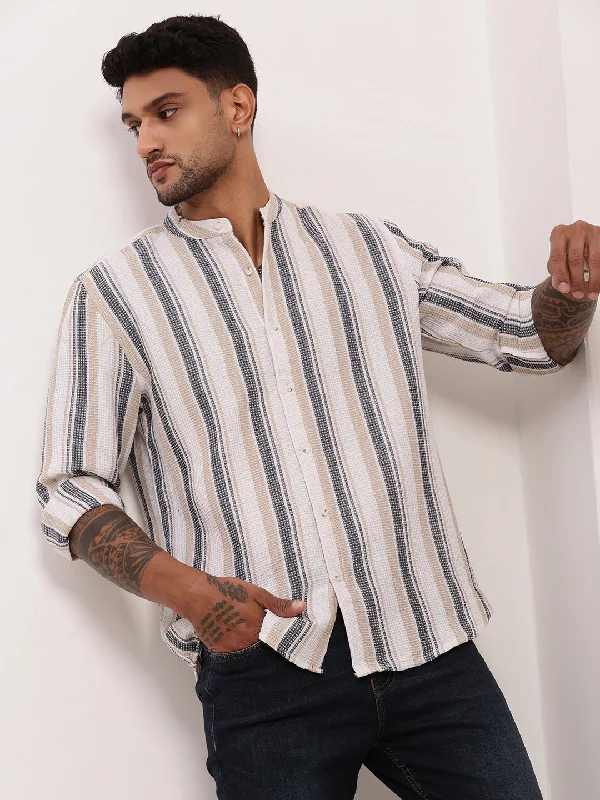 Men's Organic Cotton Casual Shirts with a Soft Handfeel for Everyday ComfortMen Off White Striped Slim Fit Shirt Men's Organic Cotton Casual Shirts with a Soft Handfeel for Everyday ComfortMen Off White Striped Slim Fit Shirt