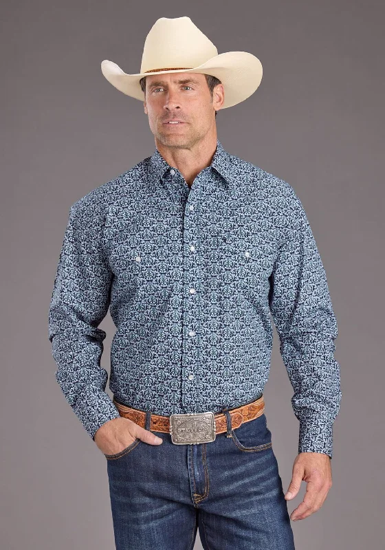 Men's Moisture - Wicking Performance Fabric Casual Shirts for Outdoor ActivitiesStetson Mens 2390 Navy Medallion Blue 100% Cotton L/S Shirt