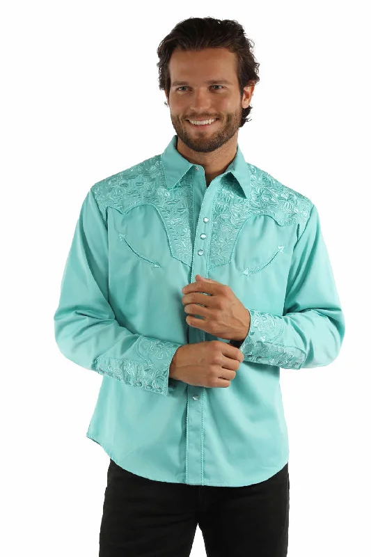 Men's Retro - Style Hawaiian Print Casual Shirts in Bold Patterns for a Tropical VacationScully Mens Floral Tooled Embroidery Caribbean Poly/Rayon L/S Shirt
