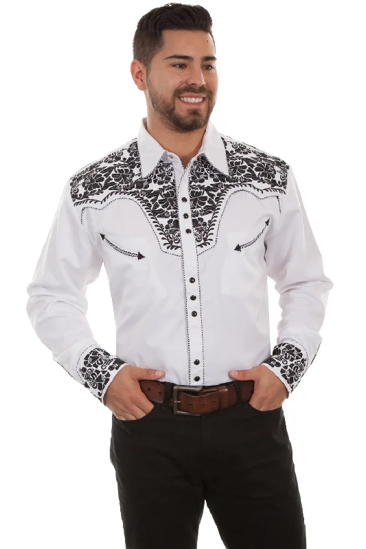 Men's Organic Cotton Casual Shirts with a Soft Handfeel for Everyday ComfortScully Mens White/Black Poly/Rayon Floral Tooled L/S Shirt 3X