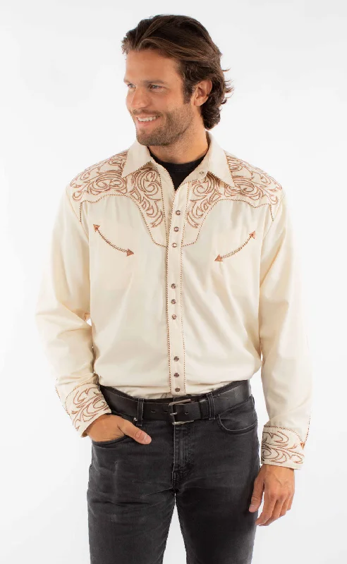 Men's Sustainable Recycled Material Casual Shirts for Eco - Conscious ConsumersScully Mens Embroidered Scroll Cream Poly/Rayon L/S Shirt