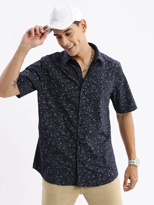 Men's Graphic - Printed Casual Shirts with Pop - Culture References for a Fun and Stylish LookMen Spread Collar Abstract Slim Fit Navy Blue Shirt Men's Graphic - Printed Casual Shirts with Pop - Culture References for a Fun and Stylish LookMen Spread Collar Abstract Slim Fit Navy Blue Shirt