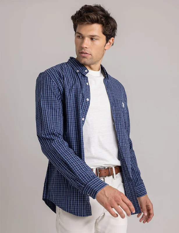 Men's Distressed Denim Casual Shirts with Frayed Edges for a Trendy and Rugged LookSMALL PLAID PEACHED POPLIN SHIRT Men's Distressed Denim Casual Shirts with Frayed Edges for a Trendy and Rugged LookSMALL PLAID PEACHED POPLIN SHIRT