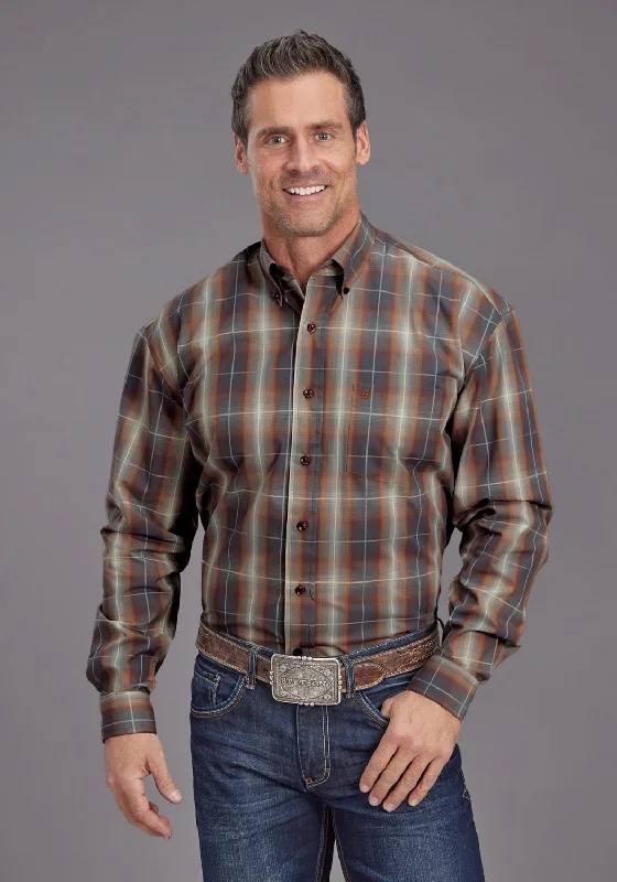 Men's Stretch - Fabric Casual Shirts in Navy Blue for a Comfortable and Flexible FitStetson Mens Copper Mine Ombre Brown 100% Cotton 1 Pkt L/S Shirt